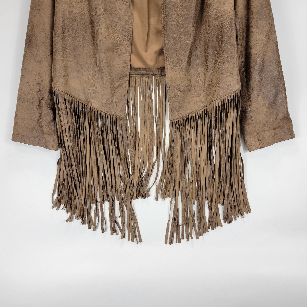 Chicos Faux Leather Fringe Open Front Jacket Women 1 Medium Boho Western Cowgirl - Picture 2 of 12